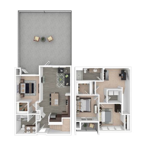Elegant 2D floor plan featuring a spacious two-story layout with three bedrooms, a modern open-plan living area, stylish kitchen, and expansive outdoor terrace.