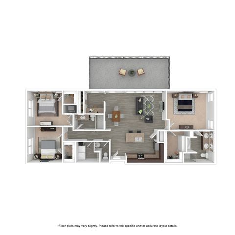 Elegant floor plan showcasing 3 bedrooms, open living area, and modern kitchen with spacious balcony.