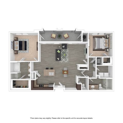 Modern 3D floor plan showcasing a spacious apartment with two bedrooms, an open living area, and a stylish kitchen. Includes a balcony for outdoor relaxation.