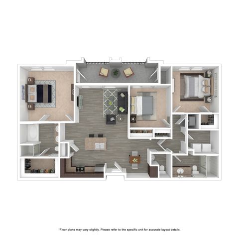 Modern 2D floor plan showcasing 3 bedrooms, a chic open living area, spacious kitchen, and two bathrooms with balcony access.
