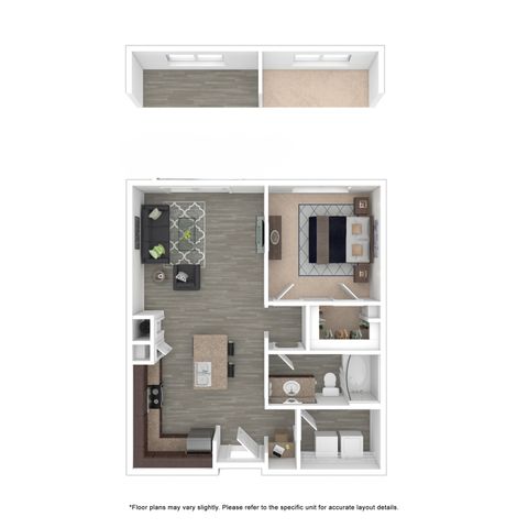 Modern floor plan featuring a spacious bedroom, stylish living room with chic decor, open kitchen with island, and a luxurious bathroom.