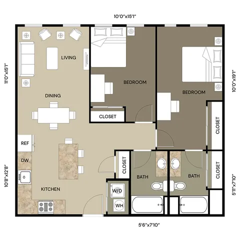 Modern 2D floor plan showcasing 2 bedrooms, a spacious living and dining area, a stylish kitchen, and dual bathrooms. Perfect blend of comfort and functionality.