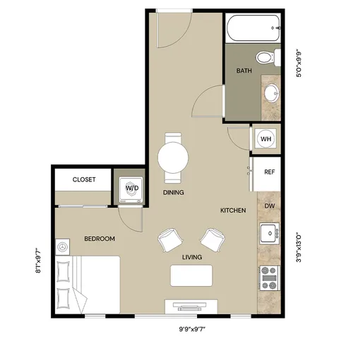 Contemporary floor plan showcasing 1 bedroom, a cozy living area, modern kitchen, and a well-appointed bath.