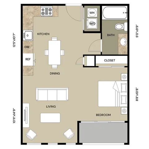 Chic 1-bedroom apartment floor plan featuring open living and dining area, modern kitchen, and cozy bathroom.