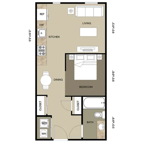 Chic and efficient floor plan featuring one-bedroom, open living area with kitchen, dining space, and a stylish bathroom. Perfect for modern living.