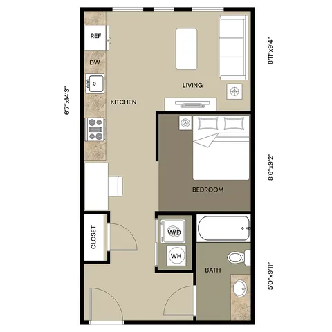 Modern floor plan showcasing a cozy 1-bedroom apartment with an open kitchen and living space, convenient closet, and equipped bathroom.