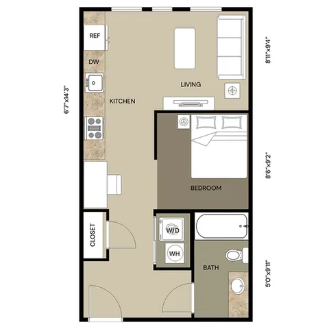 Modern 1-bedroom apartment floor plan with open kitchen, cozy living area, and stylish bathroom layout.