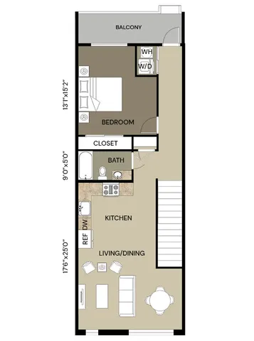 Inviting apartment floor plan showcasing a spacious one-bedroom layout with a private balcony, open kitchen, and combined living/dining area.