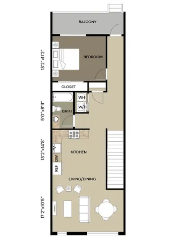Contemporary floor plan showcasing an elegant single-bedroom layout with open-concept living and dining area, modern kitchen, and private balcony.