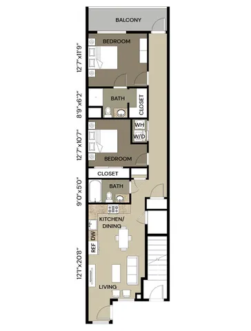 Modern floor plan showcasing a stylish two-bedroom apartment with private balcony, open-concept kitchen and dining area, inviting living room, and two elegant bathrooms.