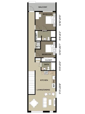 Contemporary 2D floor plan showcasing 2 bedrooms, 2 baths, a stylish kitchen, and open-concept living/dining area with balcony access.