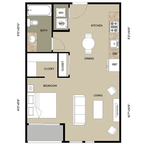 Modern one-bedroom floor plan featuring open-concept living area, cozy kitchen, and spacious bath, ideal for stylish city living.