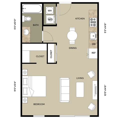 Inviting 1-bedroom apartment floor plan with open-concept living, dining, and kitchen areas, featuring a spacious bath and convenient closet space.