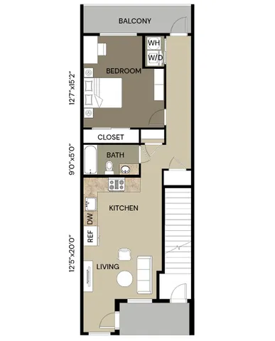 Modern floor plan with 1 bedroom, spacious living area, and a stylish kitchen, featuring a private balcony and full bath.