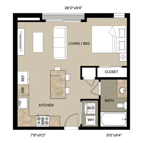 Chic studio floor plan featuring open-concept living and bedroom area, modern kitchen with island, spacious bathroom, and convenient closet space.