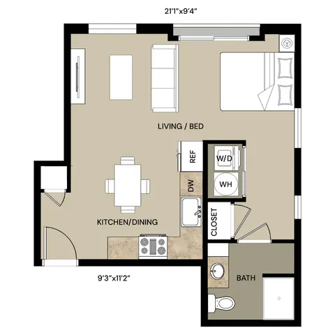 Chic studio apartment floor plan featuring a combined living and bedroom area, modern kitchen/dining, and a compact bathroom.