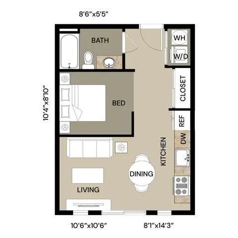 Modern 1-bedroom apartment floor plan featuring an open living area, well-equipped kitchen, cozy dining space, and convenient in-unit laundry.