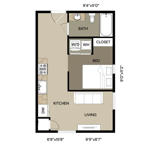 Chic floor plan showcasing a cozy studio with an open living and kitchen area, a spacious bedroom, a full bath, and in-unit laundry.