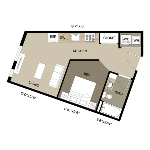 Chic and modern studio floor plan featuring an open kitchen, cozy living area, and private bath in an efficient layout.