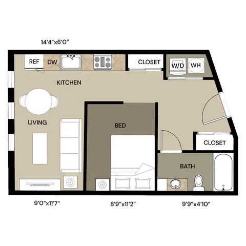 Modern floor plan showcasing an efficient studio layout with an open kitchen, cozy living area, and spacious bedroom. Includes a well-designed bathroom and ample closet space.