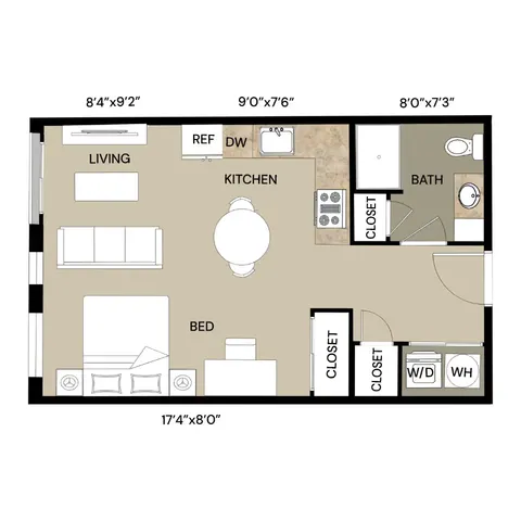 Inviting studio apartment floor plan with a cozy living area, modern kitchen, and stylish bathroom, complete with ample storage space and in-unit laundry.