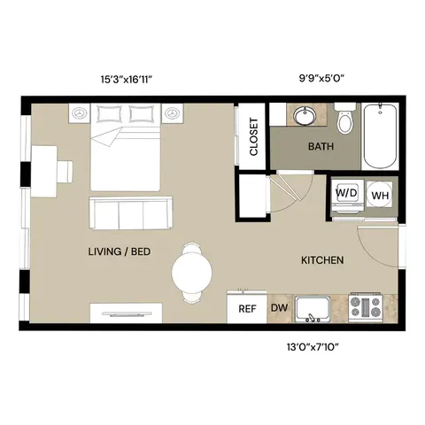 Modern studio apartment floor plan showcasing a combined living and bedroom area, efficient kitchen with appliances, convenient bathroom, and ample closet space.