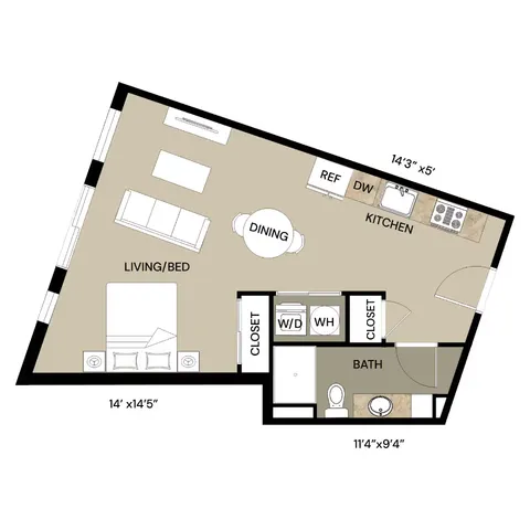 Modern open-concept floor plan featuring a versatile living/bedroom area, compact kitchen, and cozy dining space with adjacent bathroom and ample storage options.