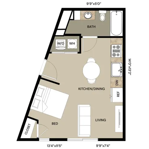 Modern and efficient floor plan featuring one bedroom, an open kitchen/dining area, a cozy living space, and a stylish bathroom.