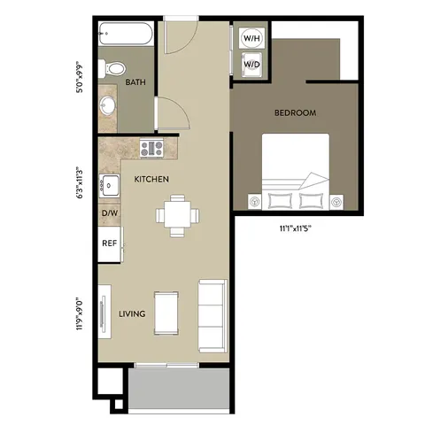 Inviting 1-bedroom apartment floor plan with a modern kitchen and cozy living space. Includes a spacious bath and convenient in-unit washer/dryer.
