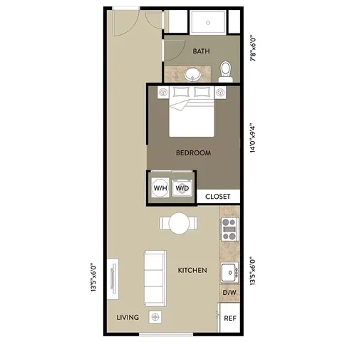 Modern 2D floor plan featuring a cozy bedroom, stylish open-concept kitchen with living area, and convenient bathroom layout.