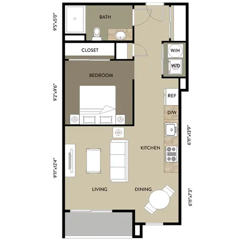 Modern floor plan showcasing a 1-bedroom apartment with open-concept living, dining, and kitchen area; includes a spacious bath and closet.