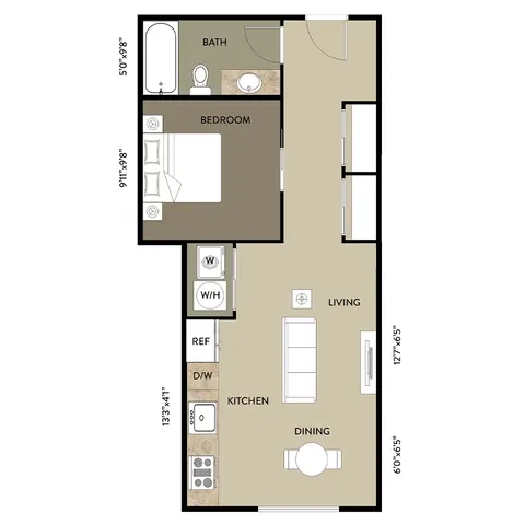 Chic 1-bedroom floor plan featuring an open-concept living and dining area, modern kitchen, and stylish bathroom.