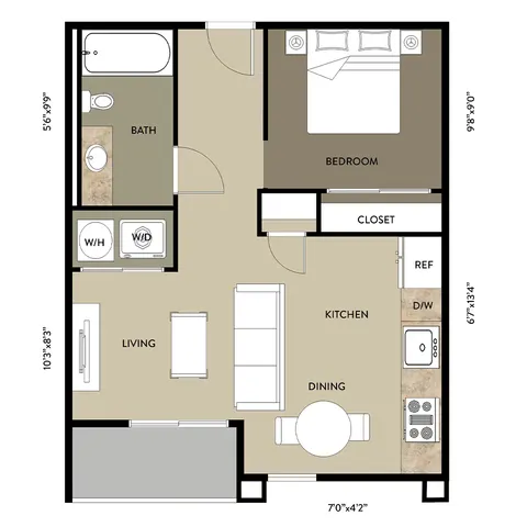 Modern floor plan showcasing 1 bedroom, a cozy living room, and an efficient kitchen layout. Includes bath and dining space in a compact design.