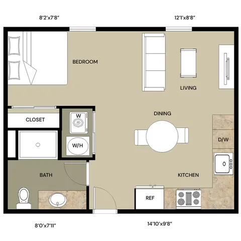 Charming floor plan showcasing a cozy 1-bedroom suite with a well-designed kitchen, inviting living and dining area, stylish bath, and convenient closet space.