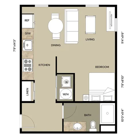 Modern one-bedroom apartment floor plan with open-concept kitchen, dining, and living area, featuring a spacious bedroom and bathroom, ideal for stylish urban living.