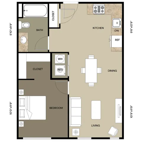 Modern apartment floor plan featuring 1 spacious bedroom, open kitchen with dining area, cozy living room, and elegant bathroom.