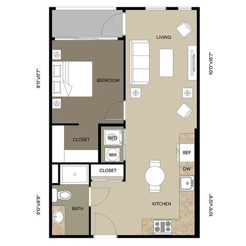 Contemporary floor plan showcasing 1 bedroom, open-concept living and kitchen area, and practical storage spaces.