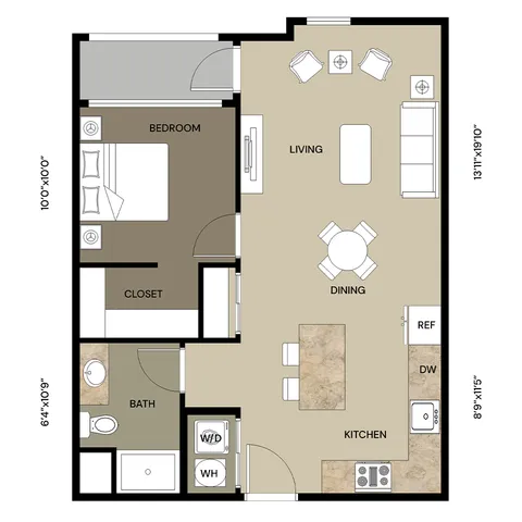 Modern floor plan featuring 1 bedroom with attached closet, spacious open-plan living and dining area, and a fully equipped kitchen with washer/dryer.