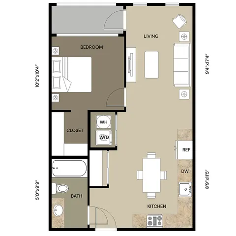Modern apartment floor plan showcasing one bedroom, open living area, and sleek kitchen with dining space.