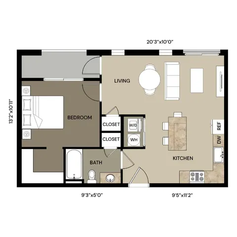 Chic floor plan featuring a spacious 1-bedroom layout with an elegant kitchen, cozy living room, and well-appointed bath.