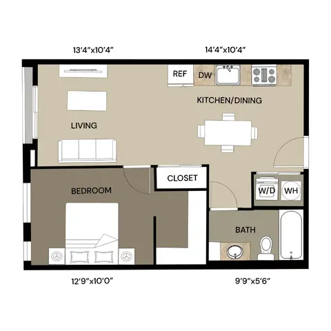 Chic floor plan showcasing 1 bedroom, spacious living area, and modern kitchen/dining with in-unit laundry.