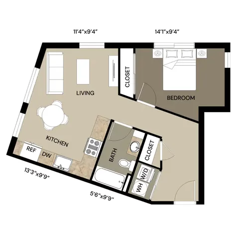 Modern 2D floor plan showcasing a 1-bedroom apartment with a spacious living area, sleek kitchen, and cozy bathroom, emphasizing a comfortable urban lifestyle.