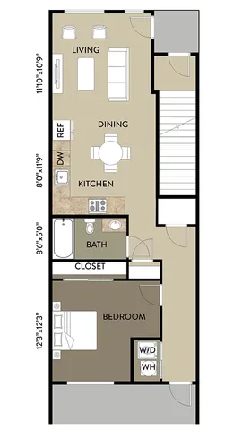 Modern 1-bedroom floor plan featuring open-concept living and dining area, efficient kitchen, spacious bath, and in-unit washer-dryer.