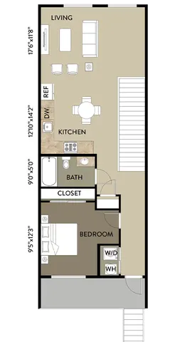 Modern floor plan showcasing 1 bedroom, open kitchen and living area, and a well-appointed bath. Includes laundry facilities for convenience.