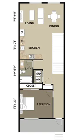 Modern floor plan featuring a spacious open-concept living and dining area, well-equipped kitchen, and a large bedroom with an attached bath and closet.