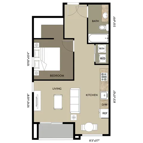 Contemporary floor plan showcasing a cozy 1-bedroom apartment with an open living area, modern kitchen, and stylish bathroom.