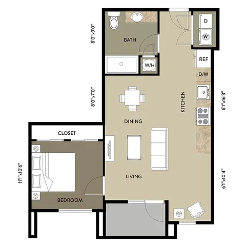 Modern 1-bedroom apartment floor plan featuring an open-concept kitchen, dining, and living area with ample closet space.