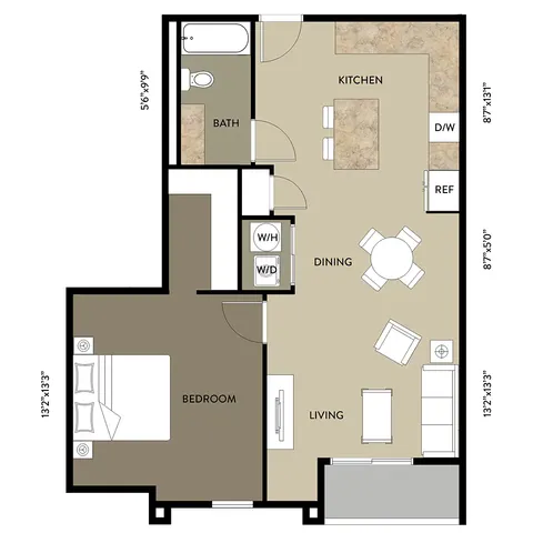 Modern floor plan featuring a spacious 1-bedroom apartment with open kitchen, dining, and living area, including convenient W/H space and a full bath.