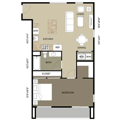 Modern 1-bedroom apartment floor plan featuring a spacious living area, open kitchen with dining space, cozy bedroom, and convenient in-unit laundry.