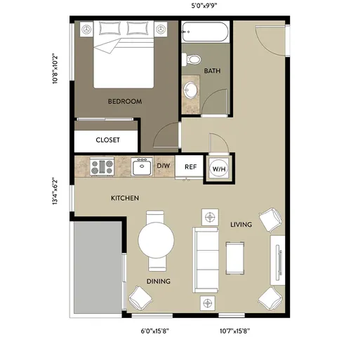Modern 1-bedroom floor plan featuring an open-concept kitchen, cozy living area, and a spacious bath. Includes a dining space and ample closet storage.